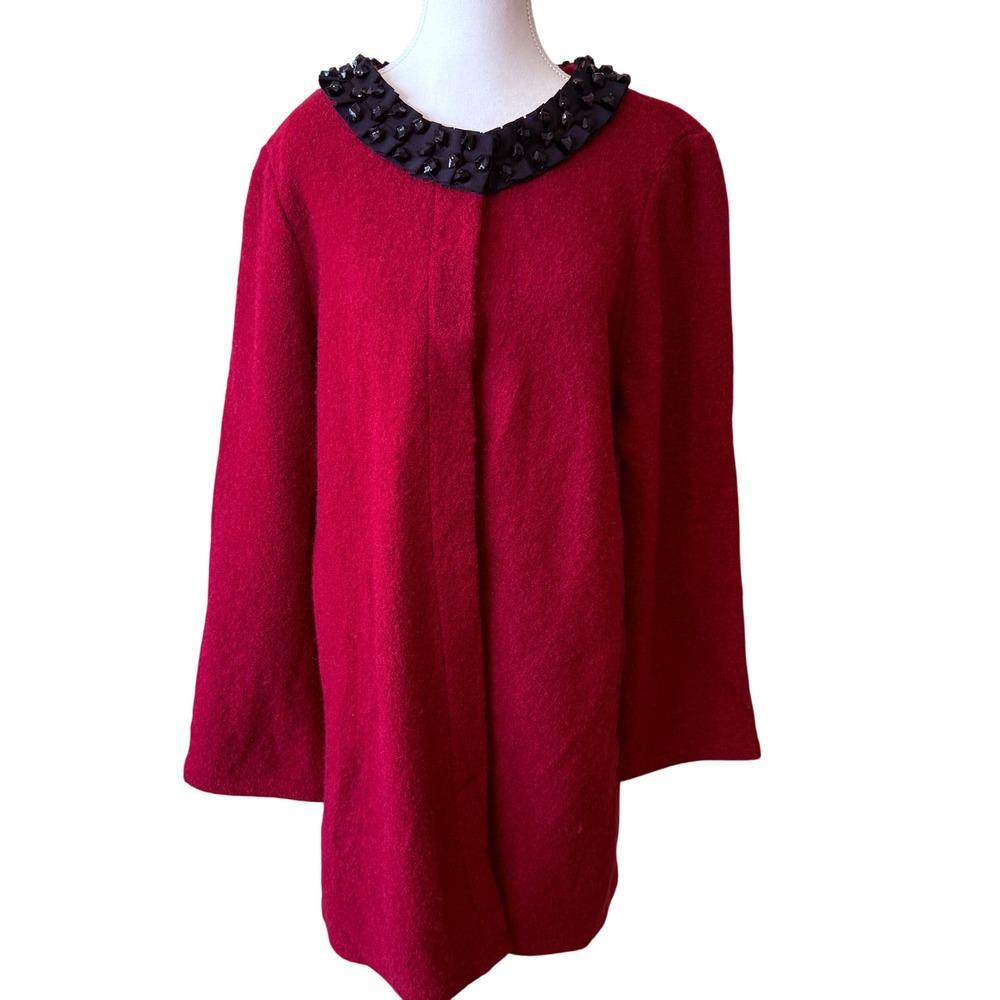 Willi Smith Women 100% Wool Coat XL Red Beaded Collar Jacket Mid Century Elegant